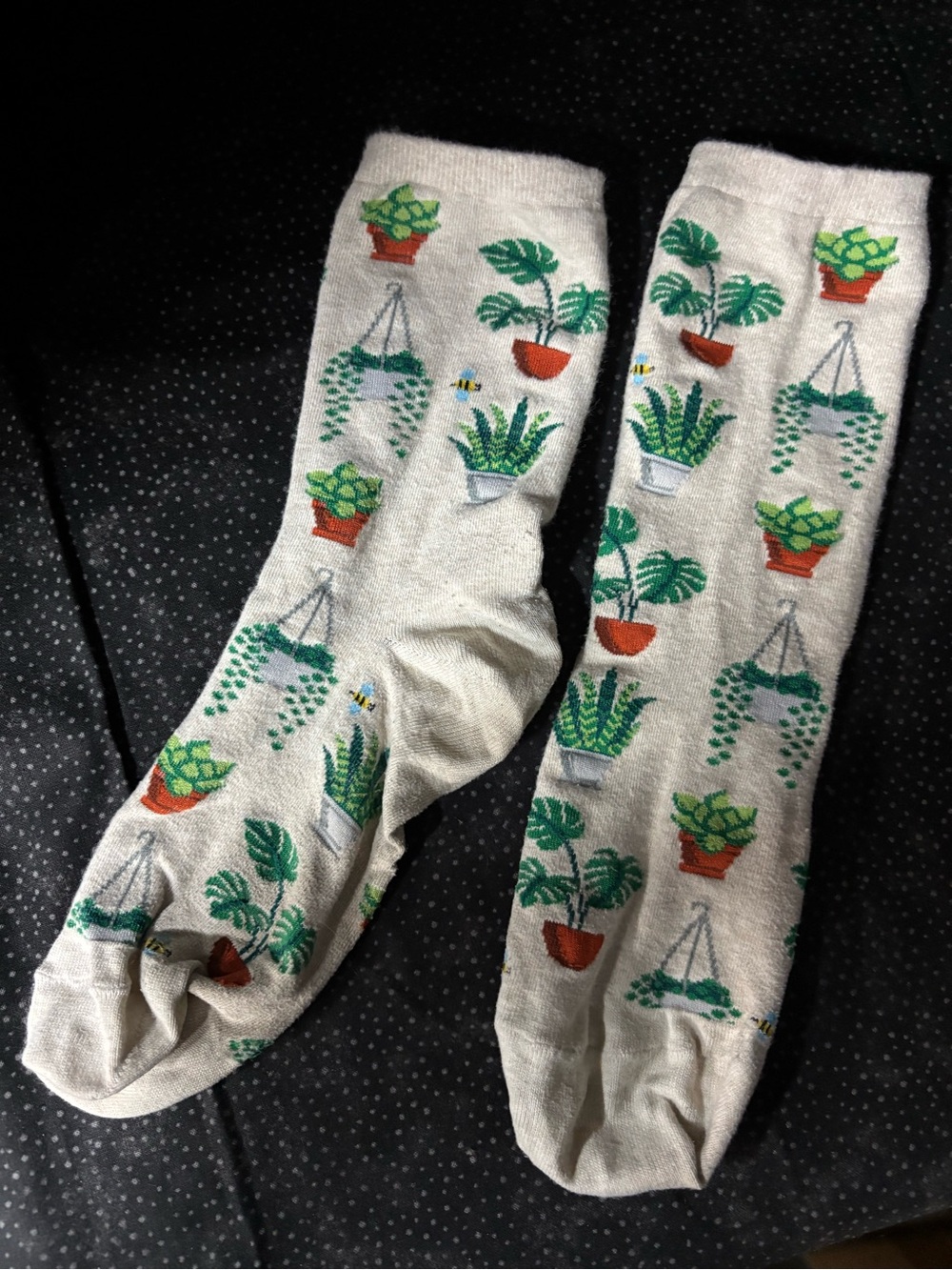 Women's Cream Crew Socks with Green Potted Plant Pattern